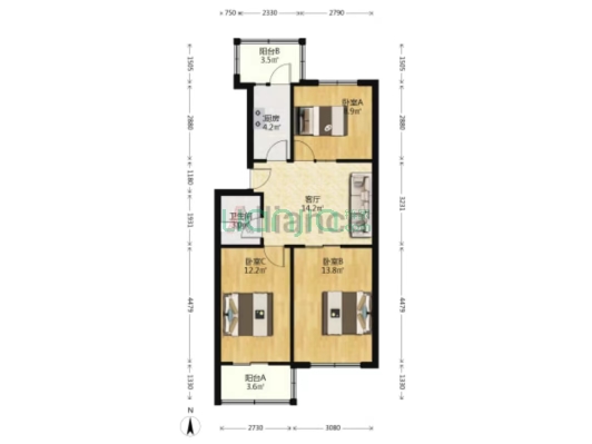 南北通透三居室，低楼层，户型方正采光好，无遮挡-户型图