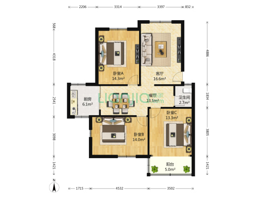 双桥门 3室2厅1卫 106平方