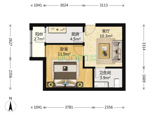美宁公寓 1室1厅1卫 44平方