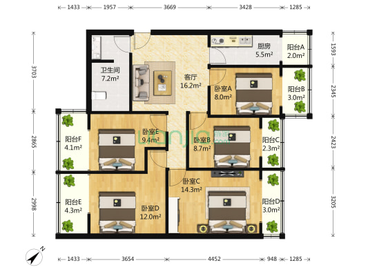 芳草街4号 5室1厅1卫 96平方