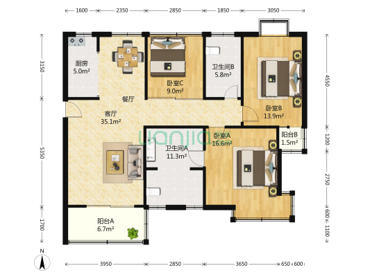 上院(北区) 3室2厅2卫 45平方
