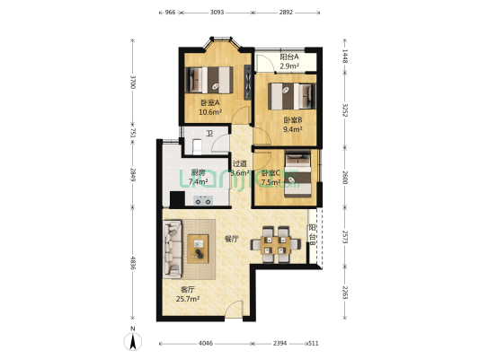 金福大厦 3室1厅1卫 97平方