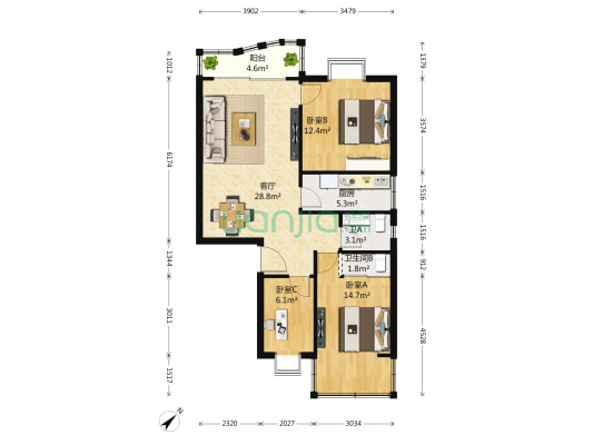 龙腾阁 3室1厅2卫 84平方