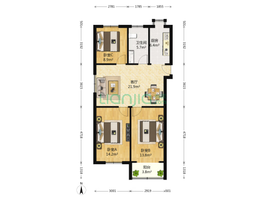 唐蔡社区三峡大院 3室1厅1卫 91平方