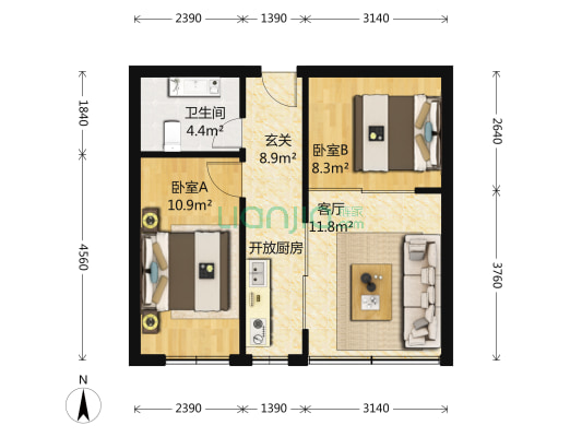 京西大楼 2室1厅1卫 55平方