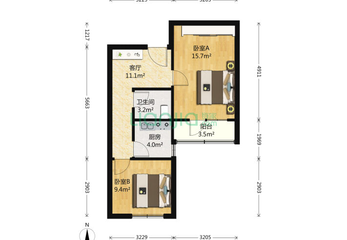 2室1廳1衛59.7㎡-北京普惠南里戶型圖