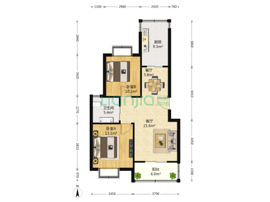 鎏园 2室2厅1卫 92平方