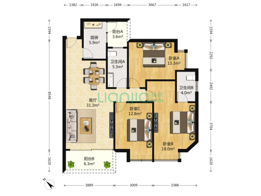 石油家益佳禾园B区 3室1厅2卫 120平方