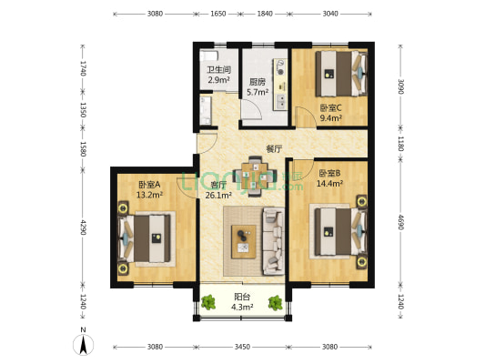 景瑞花园 3室1厅1卫 98平方