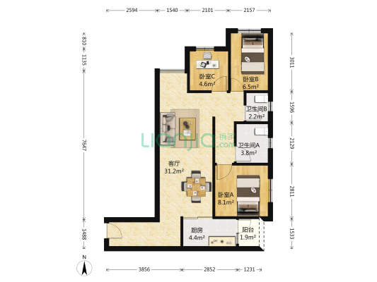 龙湖佰乐街 3室1厅2卫 92平方