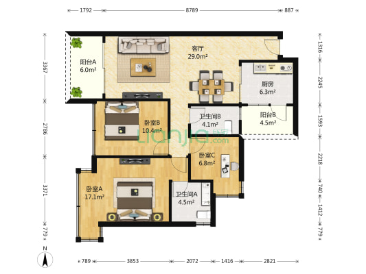 恒大名都 3室1厅2卫 112平方