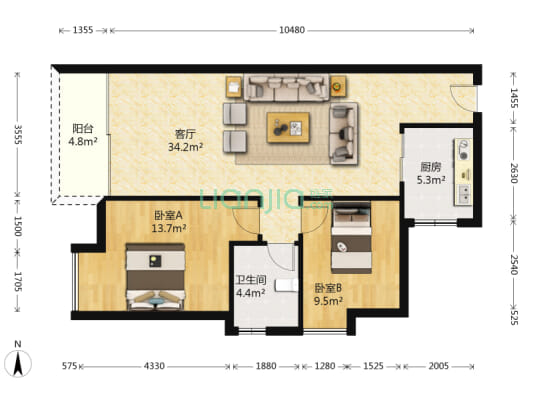 御鹿华庭89.42平米2房诚售，带大平台，看房方便，电梯-户型图