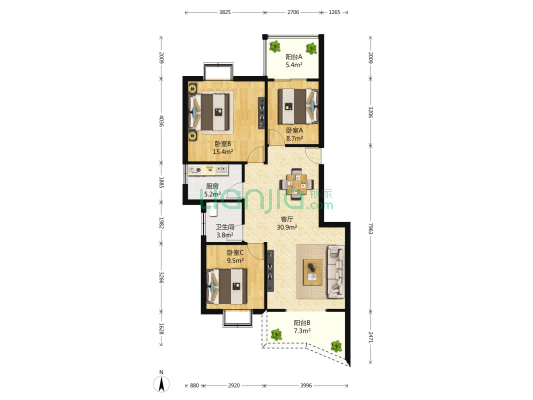 金秋花园三期 3室1厅1卫 104平方