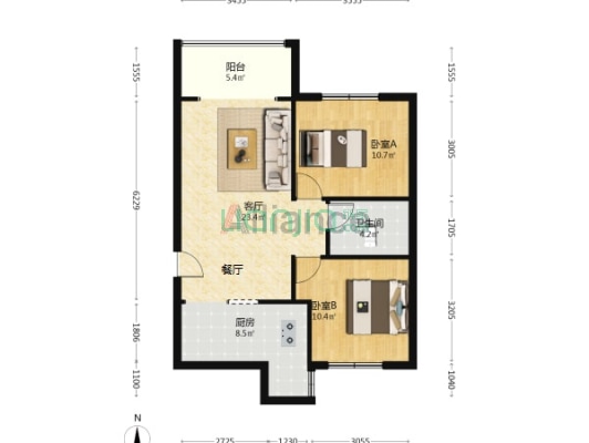 范阳路市医院西侧 门口838南北大2居-户型图