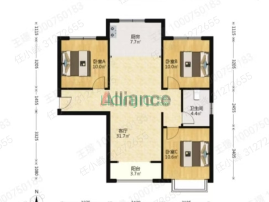 金域中央，南北通透三居，中间楼层，采光无遮挡-户型图