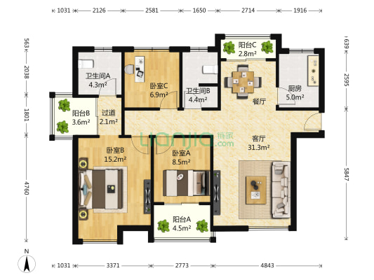 荣邦城 3室1厅2卫 134平方
