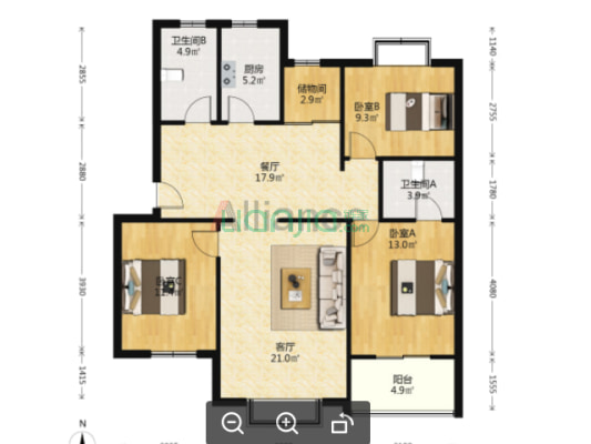 冠云路，低楼层南北通透大三居双卫，带简单装修。-户型图