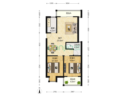 广厦天都城蓝调苑 2室1厅1卫 89平方