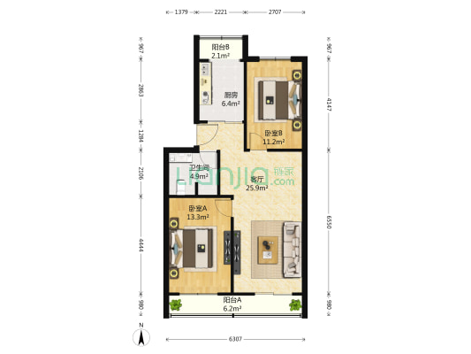 石龙北路26号院 2室1厅1卫 93平方
