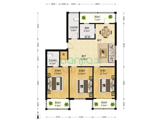 古华A区北区 3室2厅2卫 0平方