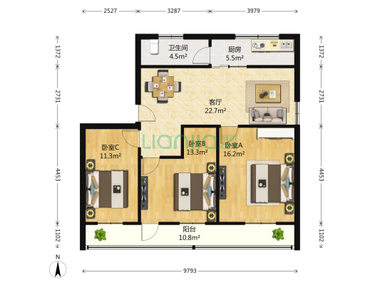 星光街968号 3室1厅1卫 87平方