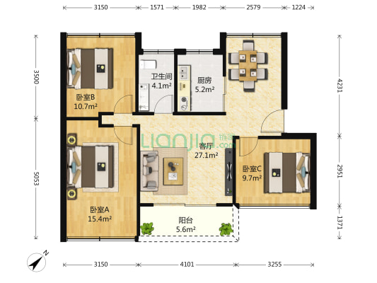 银雅居 3室1厅1卫 88平方