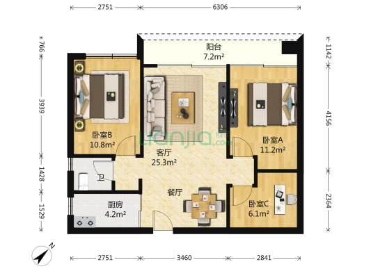 天玺一号精装三房出售 厅出阳台户型方正楼层高采光好