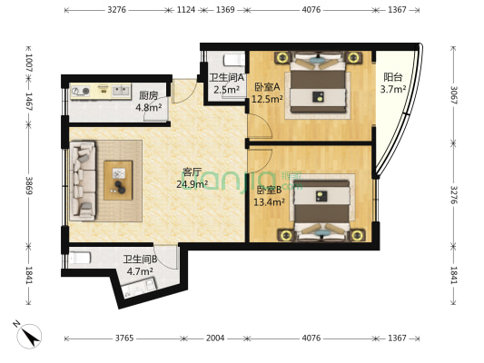 吴南花园西区 2室1厅2卫 88平方