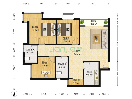 黄金堡生活家 3室1厅2卫 114平方