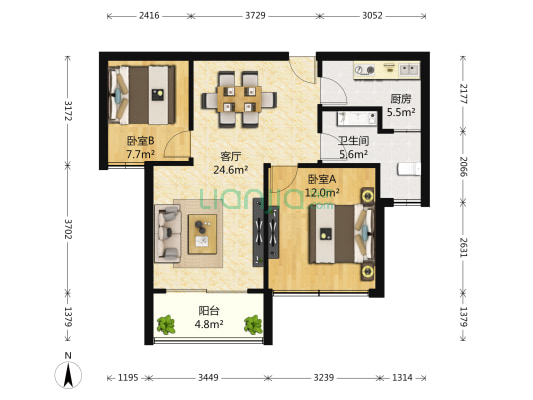 中邦城市花园 2室1厅1卫 87平方