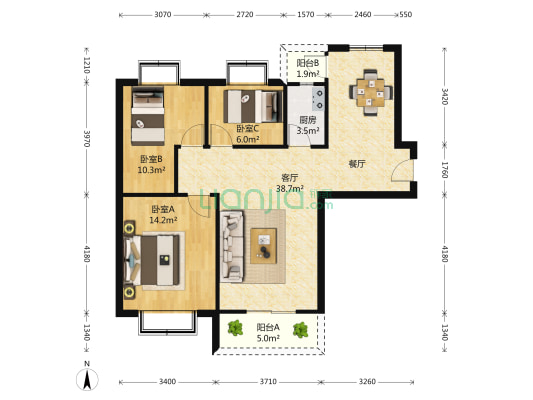 白领生活馆 3室1厅0卫 105平方