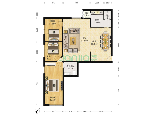宏声大厦(渝中) 3室2厅2卫 152平方