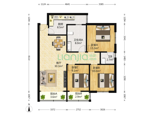 金观音住宅小区 3室1厅2卫 113平方