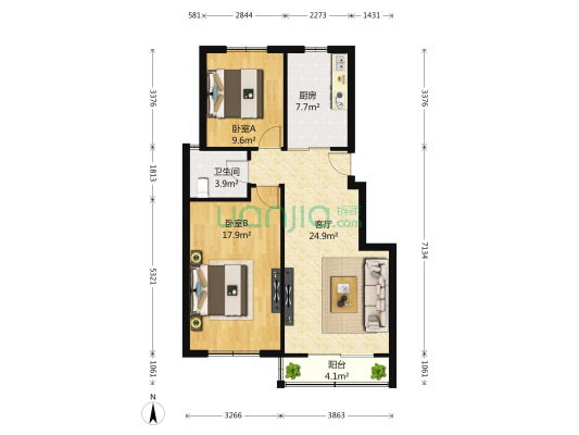 西湖春天 2室1厅1卫 93平方