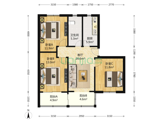 江桥新苑 3室2厅1卫 99平方