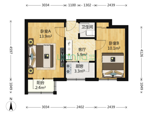 八大处中学宿舍 2室1厅1卫 49平方