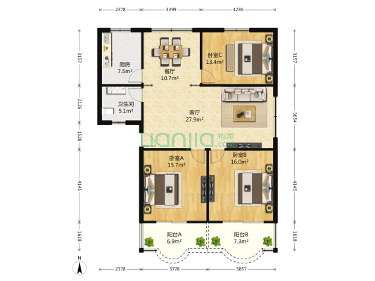 吉祥欧式花园 3室2厅1卫 130平方