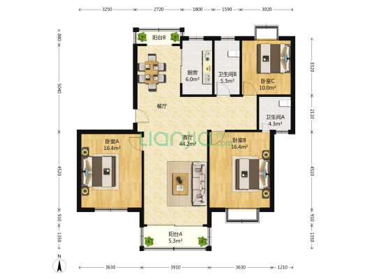 荣景苑(A区) 3室2厅2卫 147平方