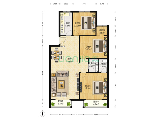 北太平路16号院 3室1厅2卫 133平方