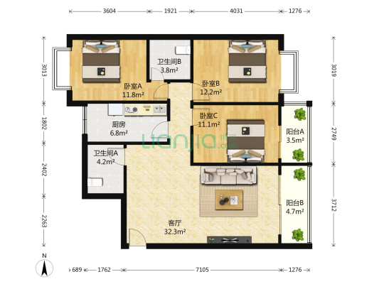电力公寓 3室1厅2卫 120平方