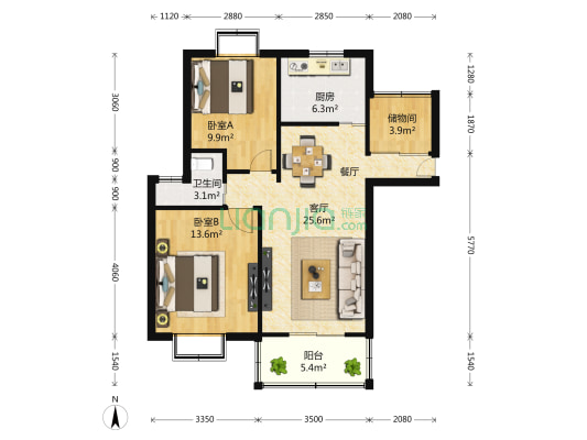 华亭荣园 2室2厅1卫 85平方