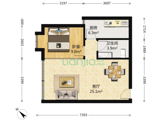 城市阳光 1室1厅1卫 68平方