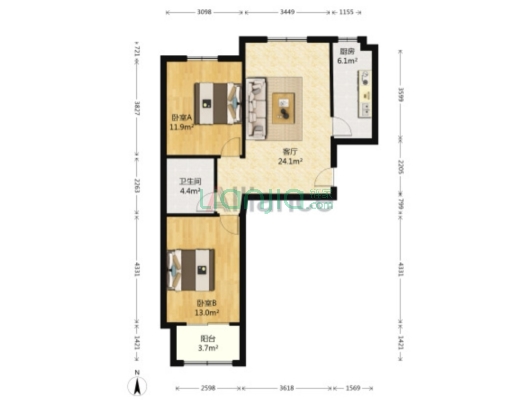 钻石商圈，南北通透两居，出行购物方便-户型图