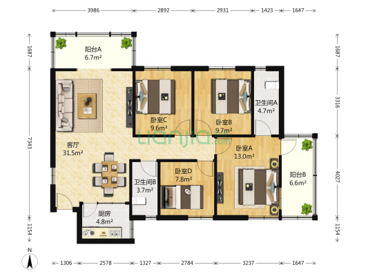 雅居园小区（1期） 4室1厅2卫 136平方