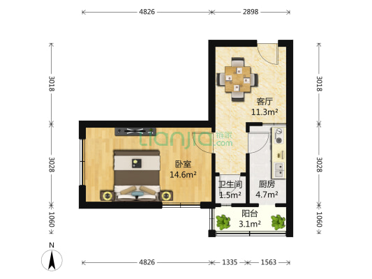 四路通17号院 1室1厅1卫 46平方
