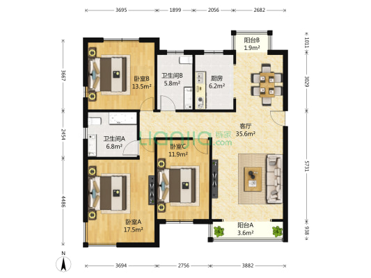 颐贤里 3室1厅2卫 144平方