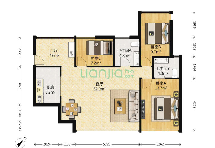 汉森吉祥龙 3室1厅2卫 90㎡ 户型