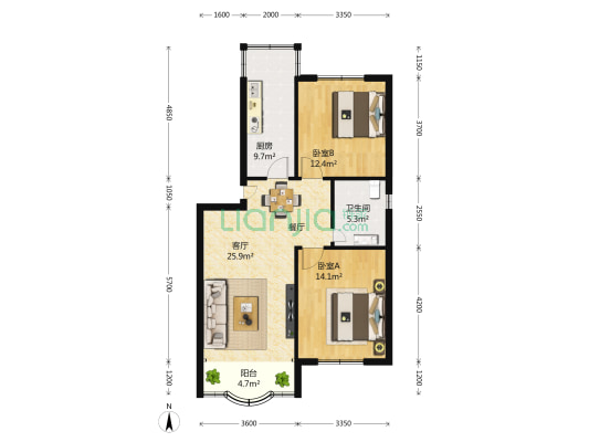 爱迪苑 2室2厅1卫 93平方
