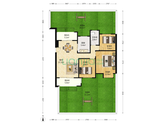 海南之心和风花苑 3室1厅1卫 98平方