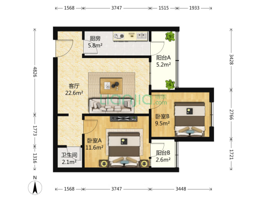 北京机械学院家属楼 2室1厅1卫 76平方